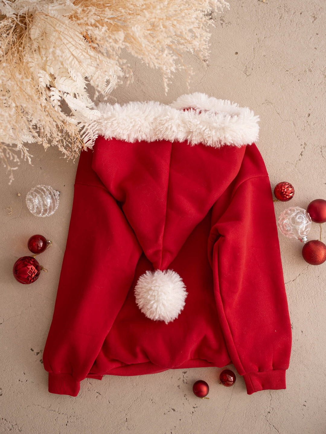 Ho Ho Hoodie red adult hoodie laid flat, back, Santa hat hood with pom-pom - Before & Ever Kids