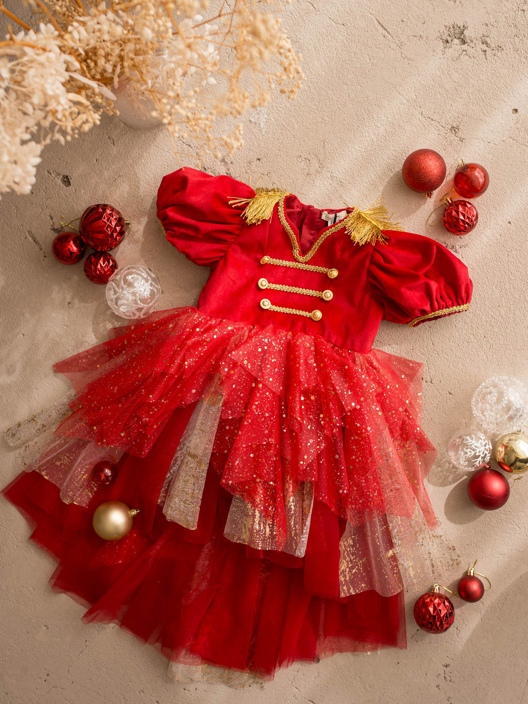 Little Drummer red front view, red velvet bodice with gold military braid and epaulettes over a layered red glitter tulle skirt - Before & Ever Kids