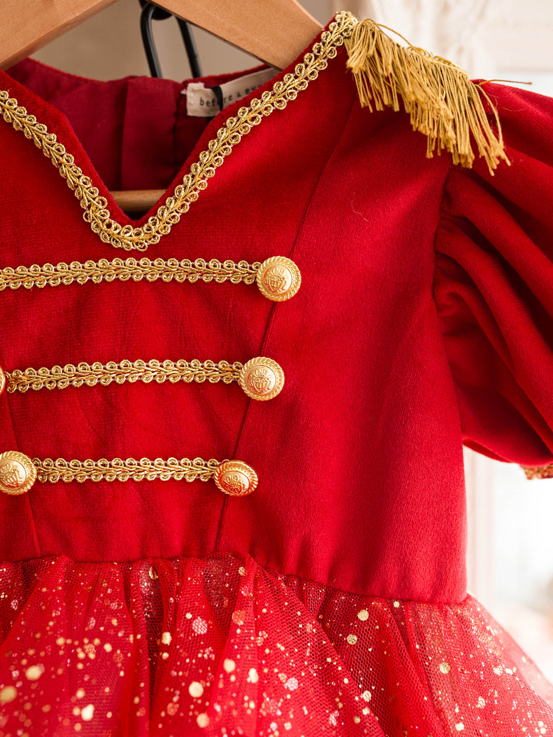 Little Drummer red red velvet bodice with gold military braid and epaulettes over a layered red glitter tulle skirt - Before & Ever Kids