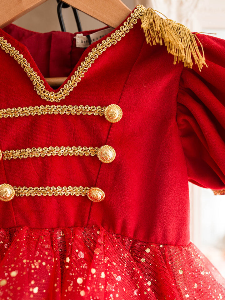 Little Drummer red red velvet bodice with gold military braid and epaulettes over a layered red glitter tulle skirt - Before & Ever Kids