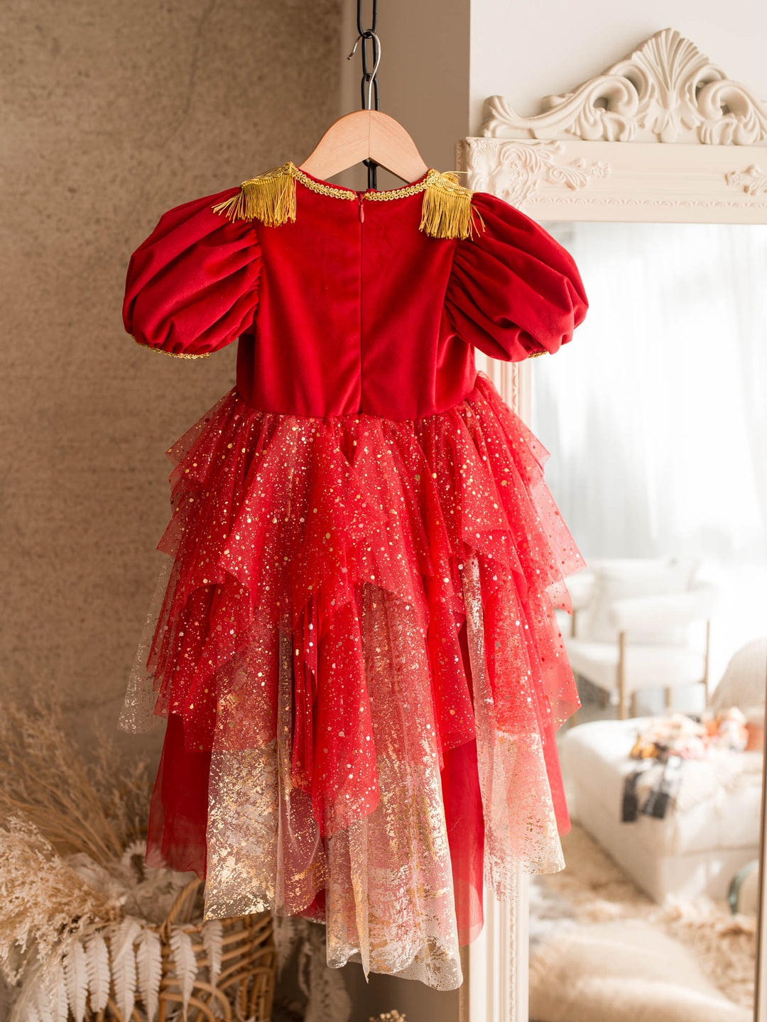 Little Drummer red red velvet bodice with gold military braid and epaulettes over a layered red glitter tulle skirt - Before & Ever Kids