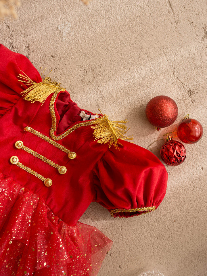 Little Drummer red red velvet bodice with gold military braid and epaulettes over a layered red glitter tulle skirt - Before & Ever Kids