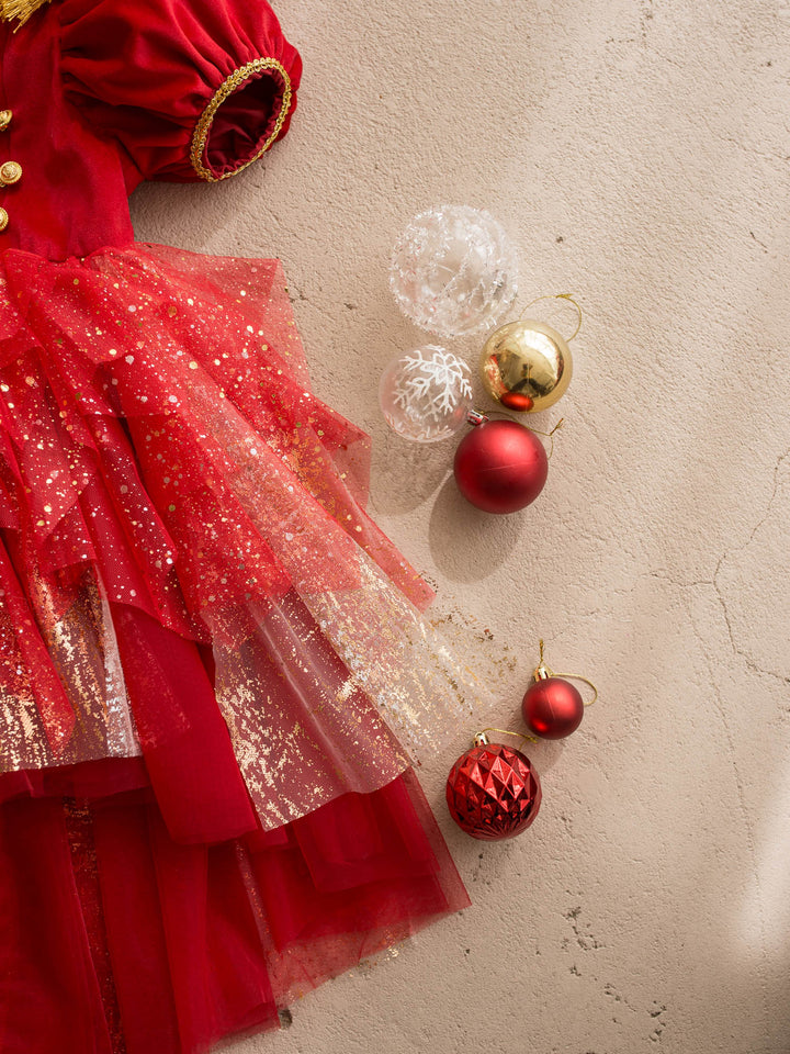 Little Drummer red red velvet bodice with gold military braid and epaulettes over a layered red glitter tulle skirt - Before & Ever Kids
