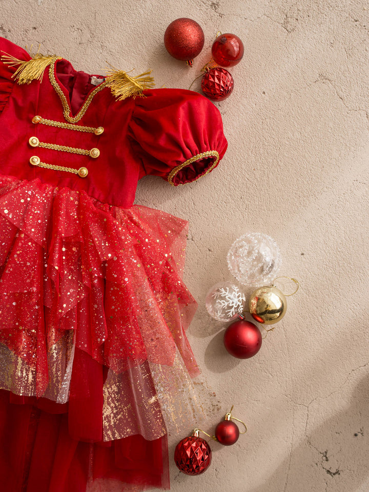 Little Drummer red red velvet bodice with gold military braid and epaulettes over a layered red glitter tulle skirt - Before & Ever Kids