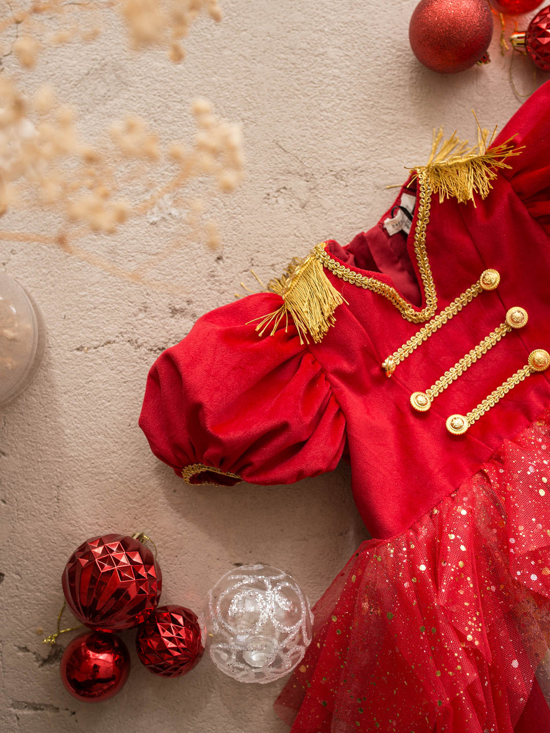 Little Drummer red red velvet bodice with gold military braid and epaulettes over a layered red glitter tulle skirt - Before & Ever Kids