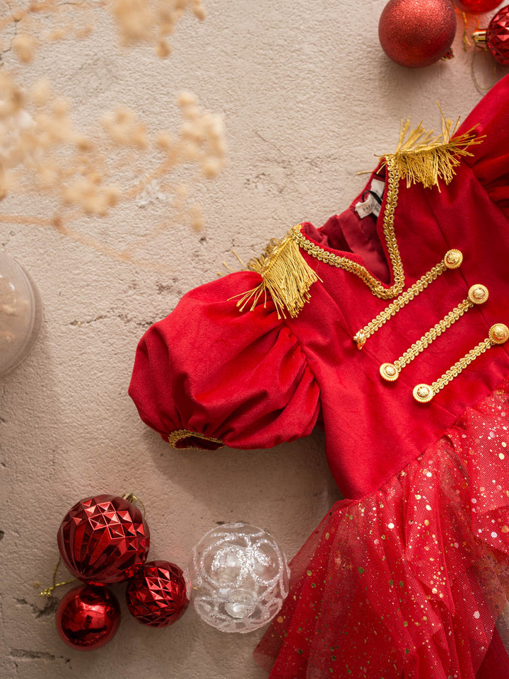 Little Drummer red red velvet bodice with gold military braid and epaulettes over a layered red glitter tulle skirt - Before & Ever Kids