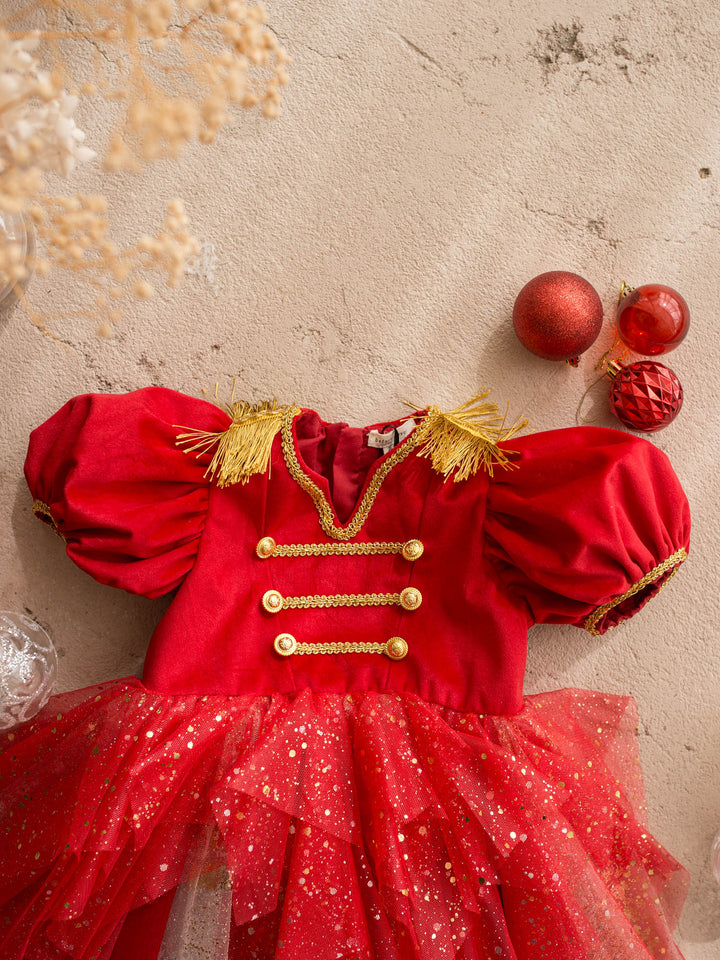 Little Drummer red red velvet bodice with gold military braid and epaulettes over a layered red glitter tulle skirt - Before & Ever Kids