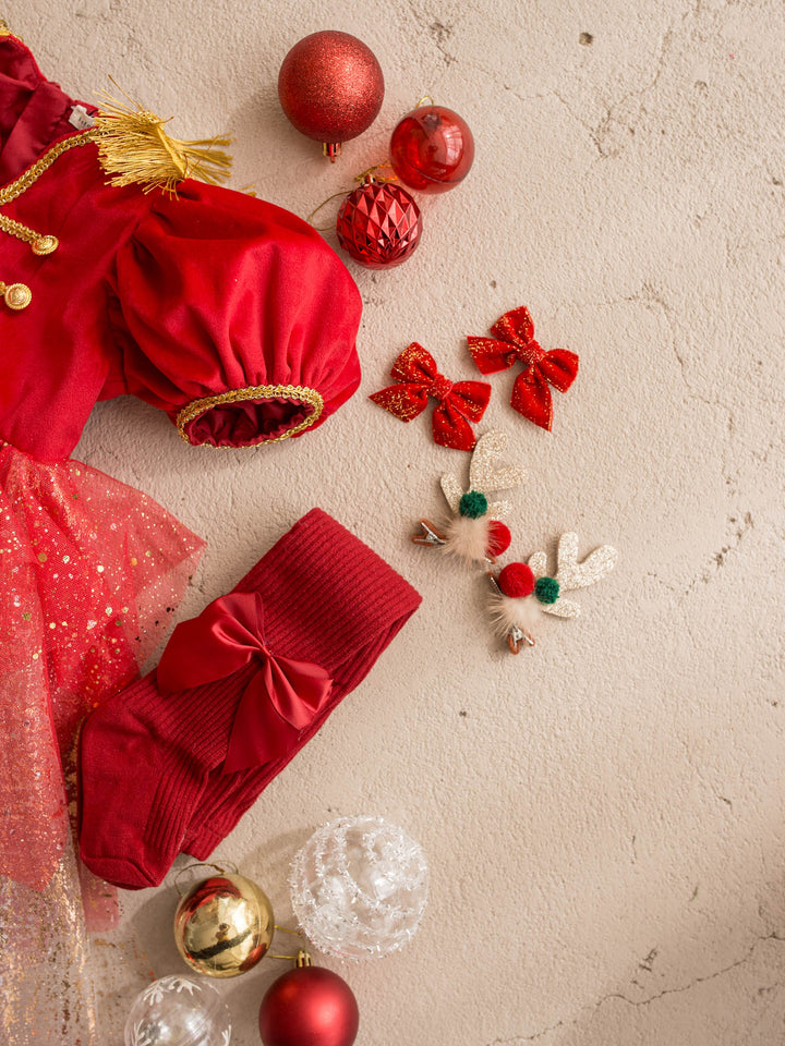 Little Drummer red red velvet bodice with gold military braid and epaulettes over a layered red glitter tulle skirt - Before & Ever Kids