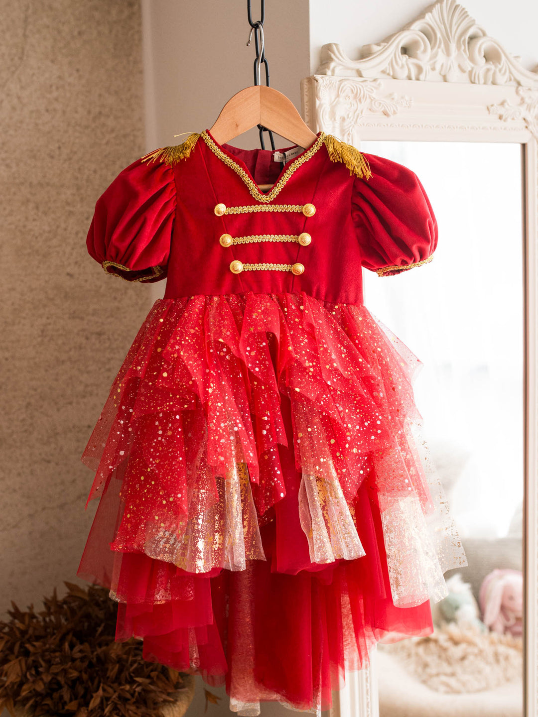 Little Drummer red red velvet bodice with gold military braid and epaulettes over a layered red glitter tulle skirt - Before & Ever Kids