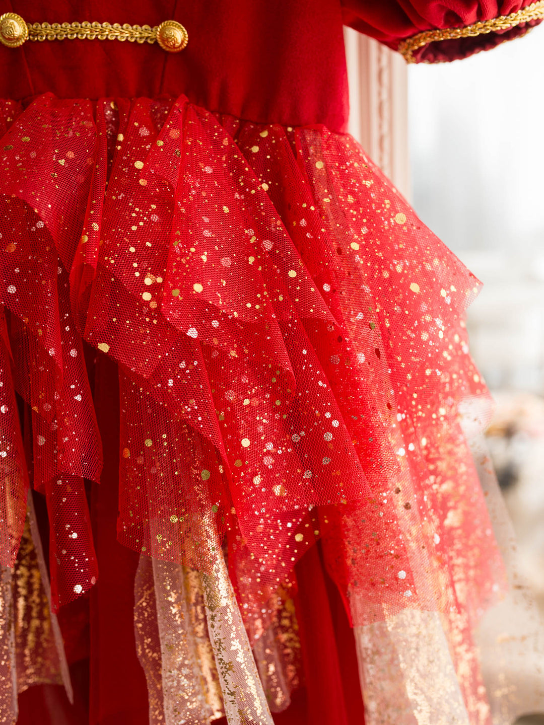 Little Drummer red red velvet bodice with gold military braid and epaulettes over a layered red glitter tulle skirt - Before & Ever Kids