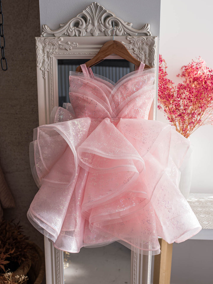 Little Good Witch pink glitter organza dress full front view on a hanger - Before & Ever Kids