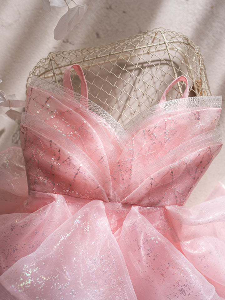 Little Good Witch pink glitter organza dress bodice and petal fold detail - Before & Ever Kids
