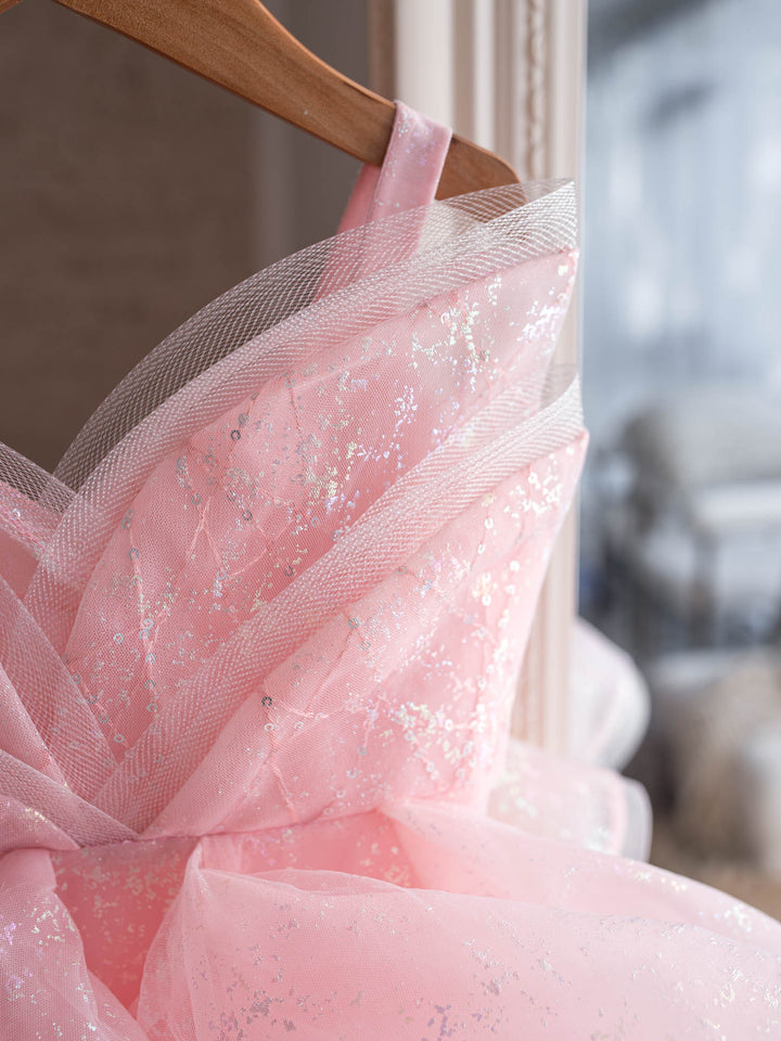 Little Good Witch pink glitter organza dress organza texture and strap detail - Before & Ever Kids