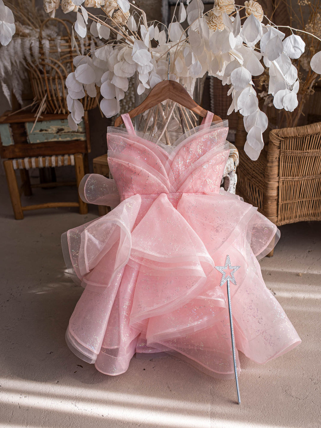 Little Good Witch pink glitter organza dress dress styled with a star wand - Before & Ever Kids