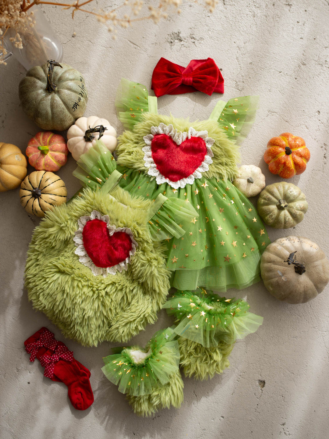 Little Grump green faux-fur baby romper with red heart - Before & Ever Kids
