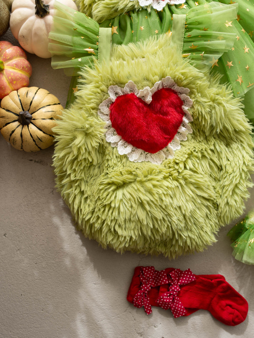 Little Grump green faux-fur baby romper with red heart - Before & Ever Kids