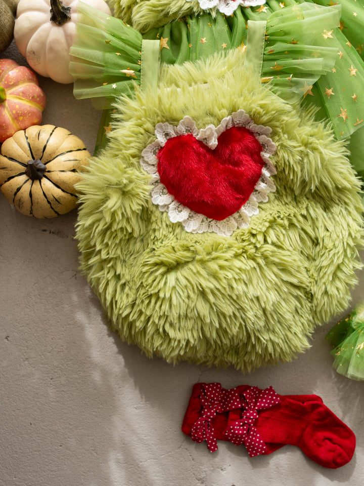 Little Grump green faux-fur baby romper with red heart - Before & Ever Kids