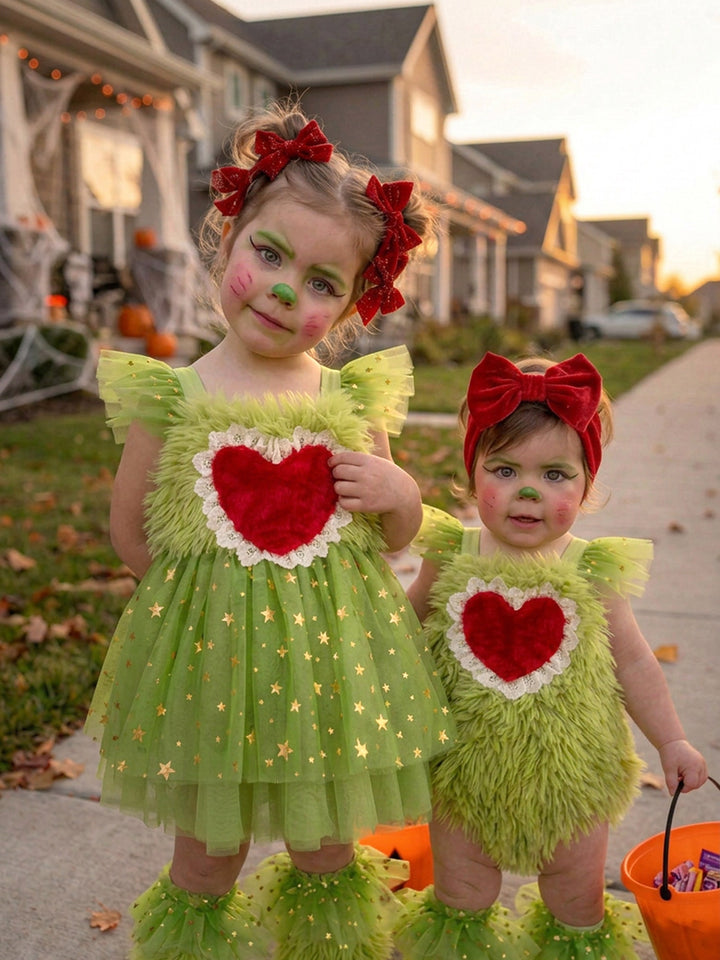 Little Grump green faux-fur romper and matching sister dress with red hearts, Halloween twinning look - Before & Ever Kids