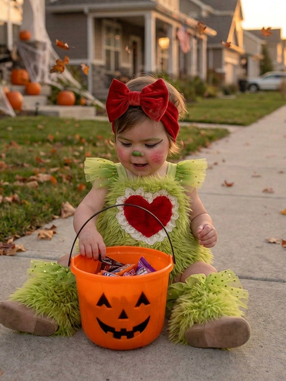 Little Grump green faux-fur romper on baby sitting with a pumpkin candy bucket, red velvet bow headwrap - Before & Ever Kids