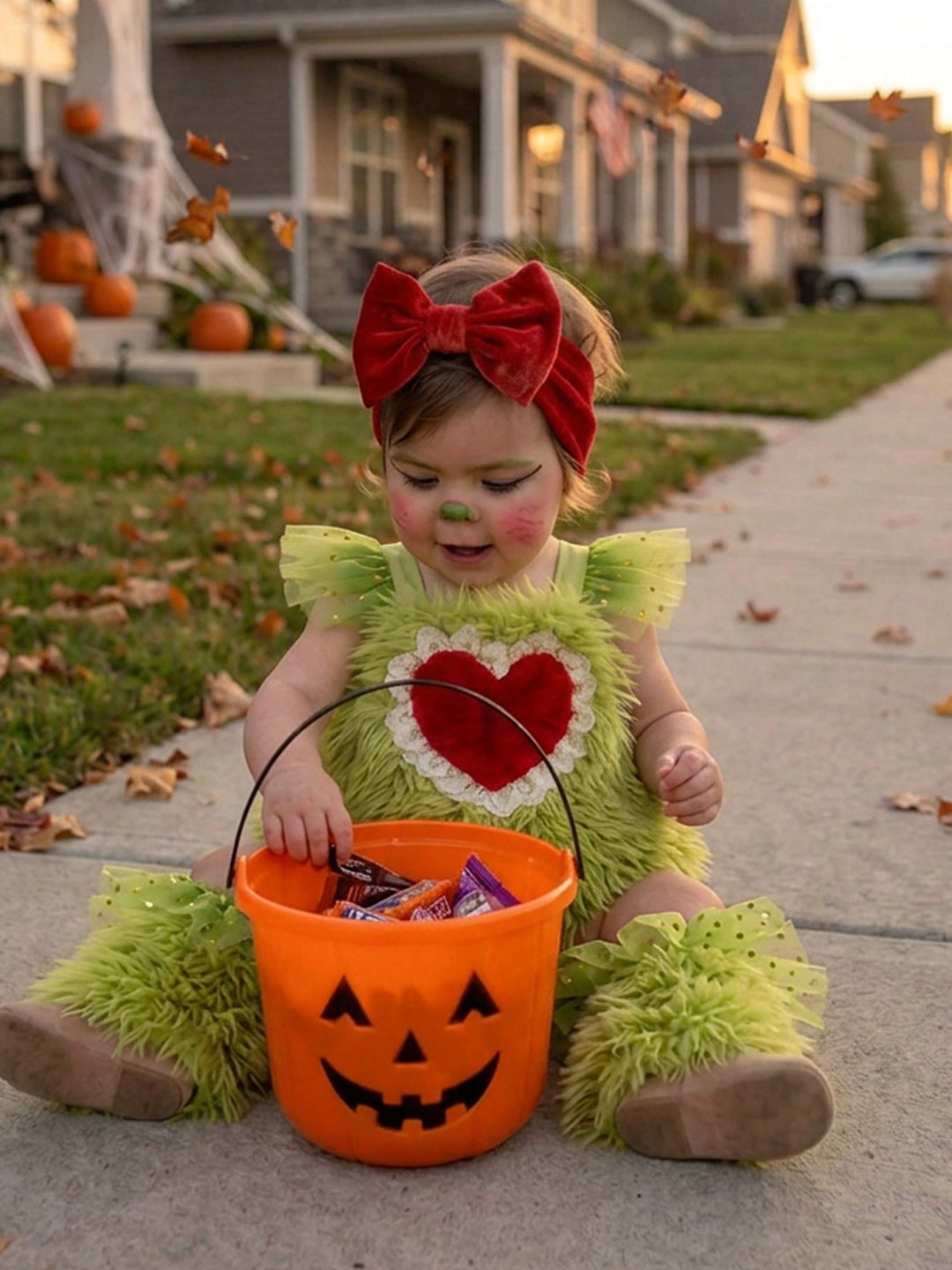 Little Grump green faux-fur romper on baby sitting with a pumpkin candy bucket, red velvet bow headwrap - Before & Ever Kids