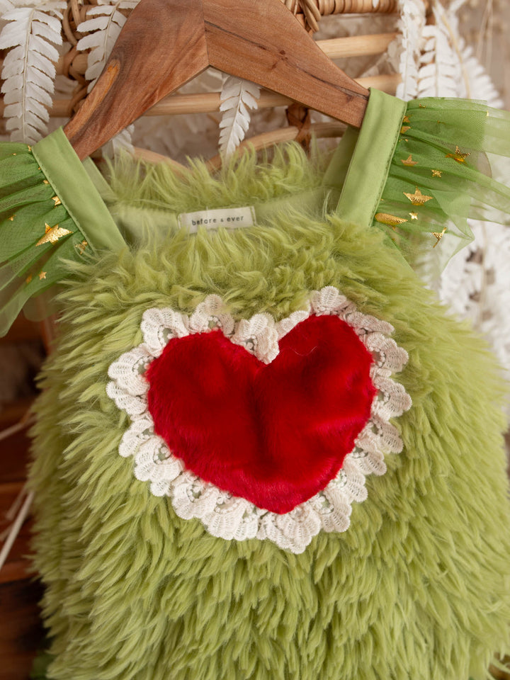 Little Grump green faux-fur baby romper with red heart - Before & Ever Kids