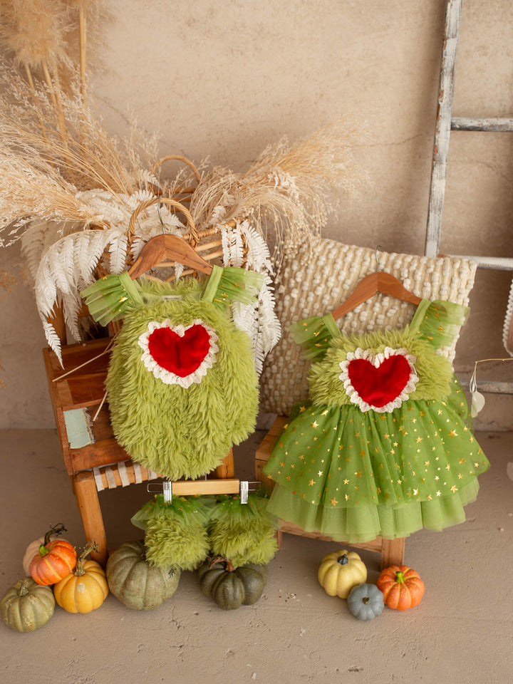 Little Grump green faux-fur baby romper with red heart - Before & Ever Kids