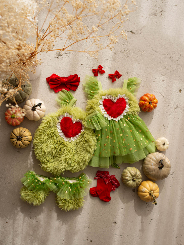 Little Grump green faux-fur baby romper with red heart - Before & Ever Kids