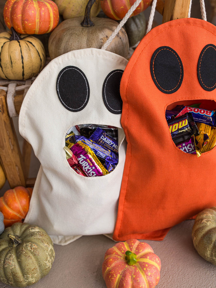 Little Gulp Ghost Treat Bag styled with autumn pumpkins - Before & Ever Kids
