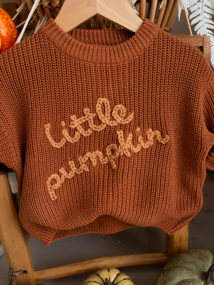 Little Pumpkin rust cotton knit sweater with pumpkin detail - Before & Ever Kids