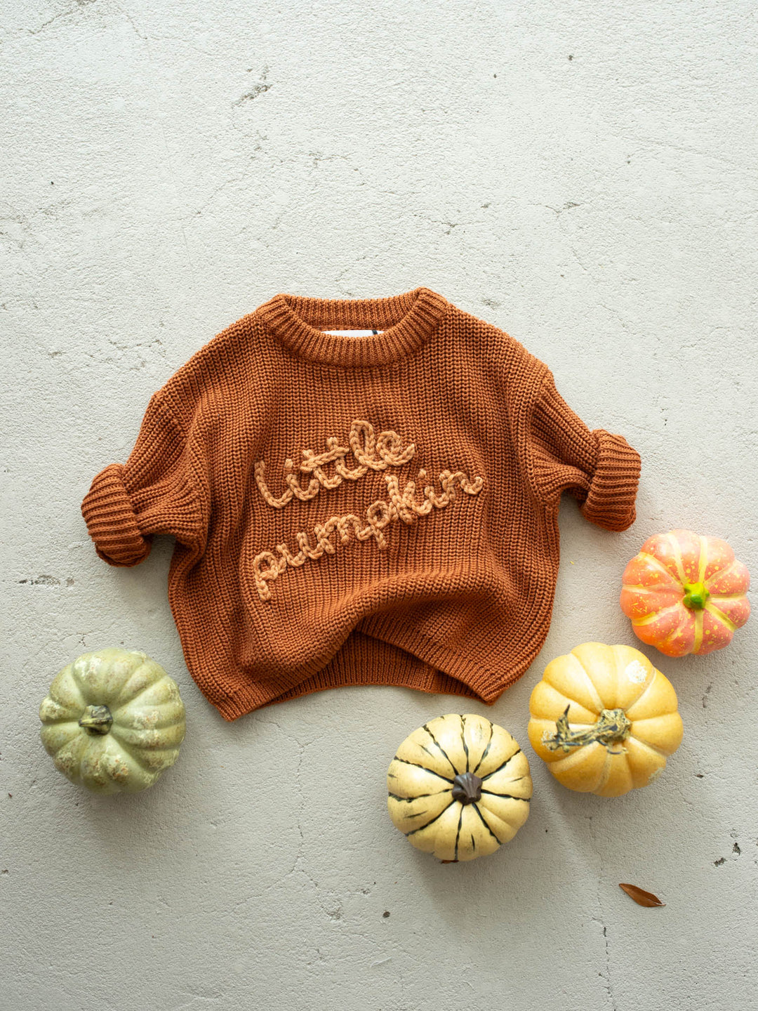 Little Pumpkin rust cotton knit sweater with pumpkin detail - Before & Ever Kids