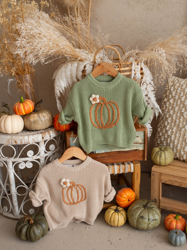 Little Pumpkin rust cotton knit sweater with pumpkin detail - Before & Ever Kids