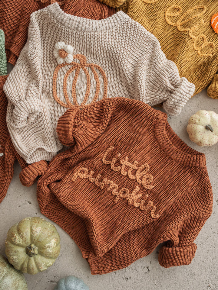 Little Pumpkin rust cotton knit sweater with pumpkin detail - Before & Ever Kids