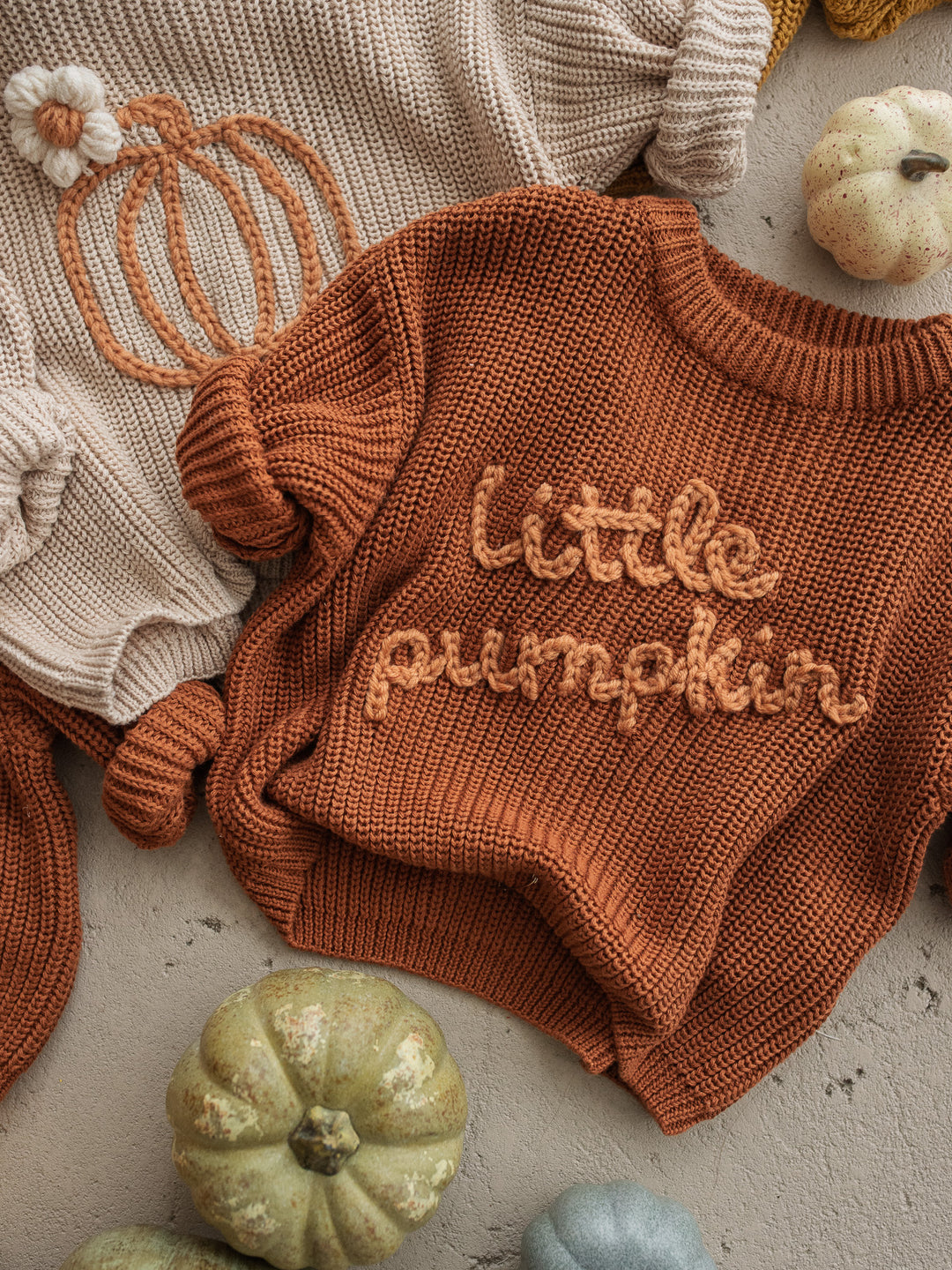 Little Pumpkin rust cotton knit sweater with pumpkin detail - Before & Ever Kids
