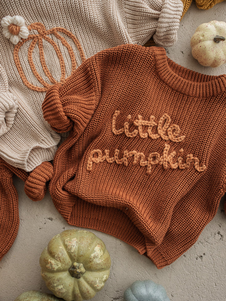 Little Pumpkin rust cotton knit sweater with pumpkin detail - Before & Ever Kids