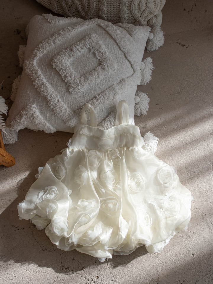 Milk organza Lost In Roses girls party dress covered in 3D roses, sleeveless with bubble hem