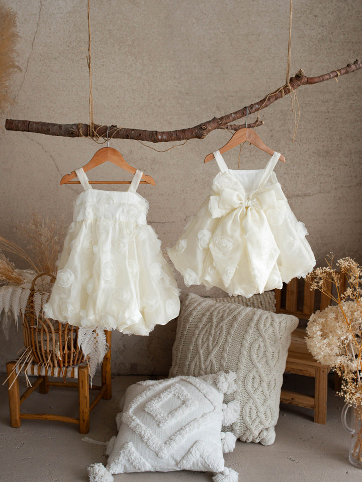 Milk organza Lost In Roses girls party dress covered in 3D roses, sleeveless with bubble hem
