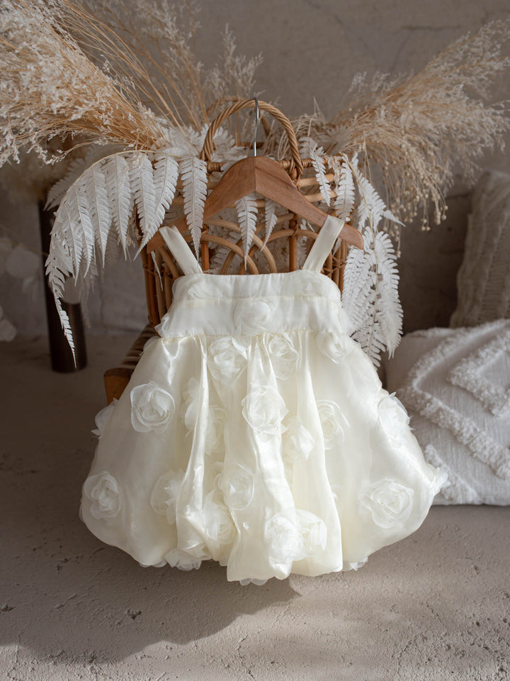 Milk organza Lost In Roses girls party dress covered in 3D roses, sleeveless with bubble hem