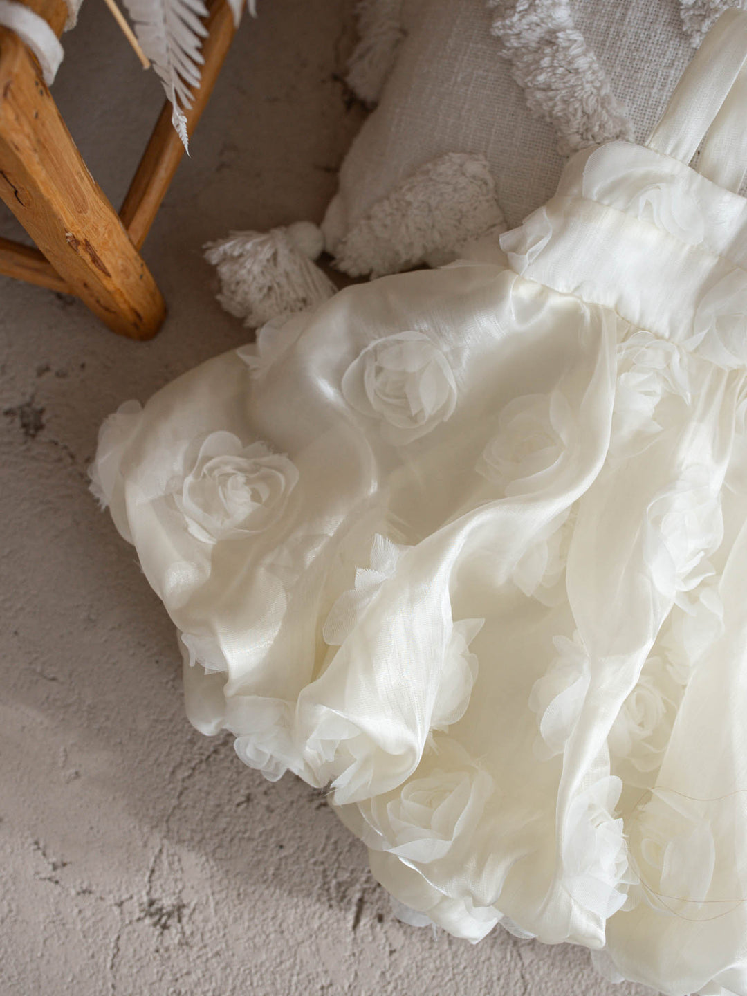 Milk organza Lost In Roses girls party dress covered in 3D roses, sleeveless with bubble hem