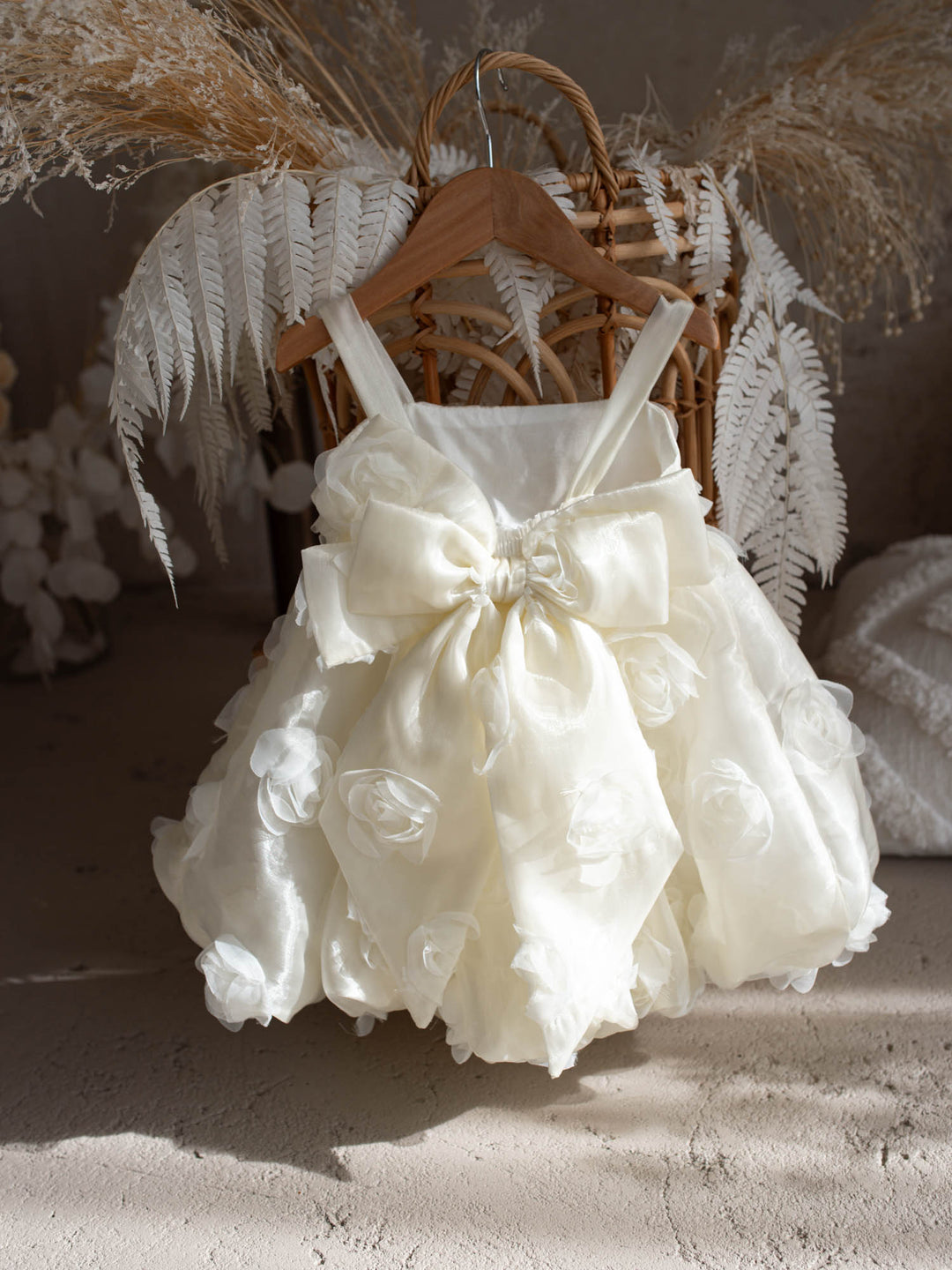 Milk organza Lost In Roses girls party dress covered in 3D roses, sleeveless with bubble hem