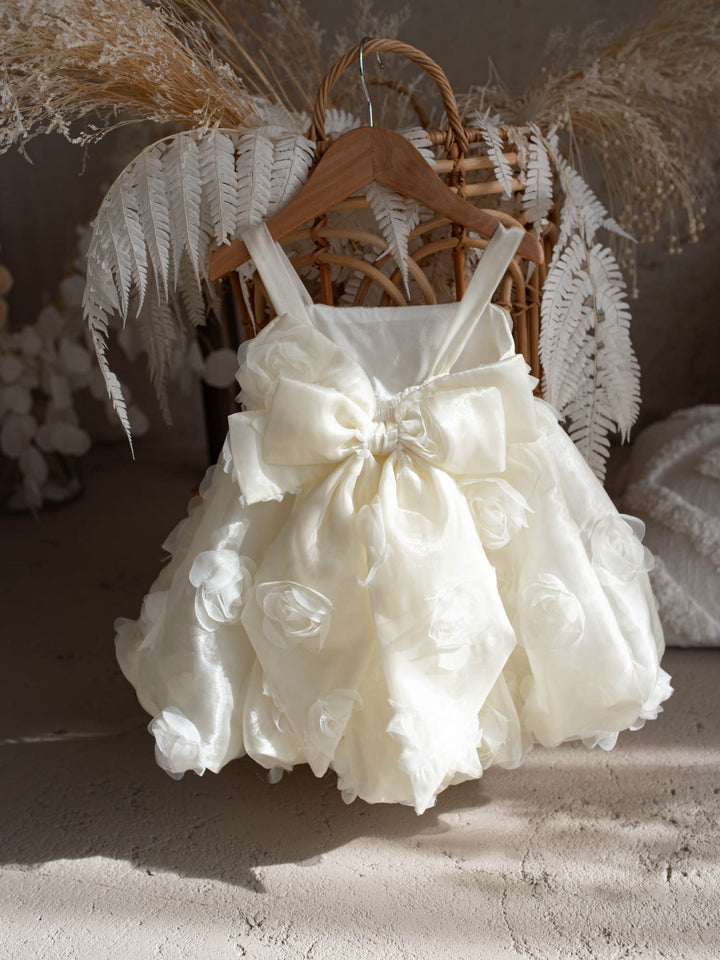 Milk organza Lost In Roses girls party dress covered in 3D roses, sleeveless with bubble hem