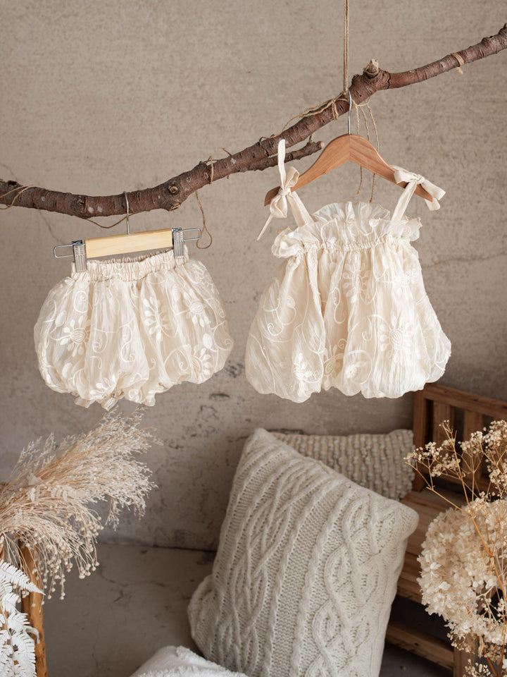 Love, Always ivory baby girl top and bloomer shorts set with tonal floral embroidery, view 3 - Before & Ever Kids