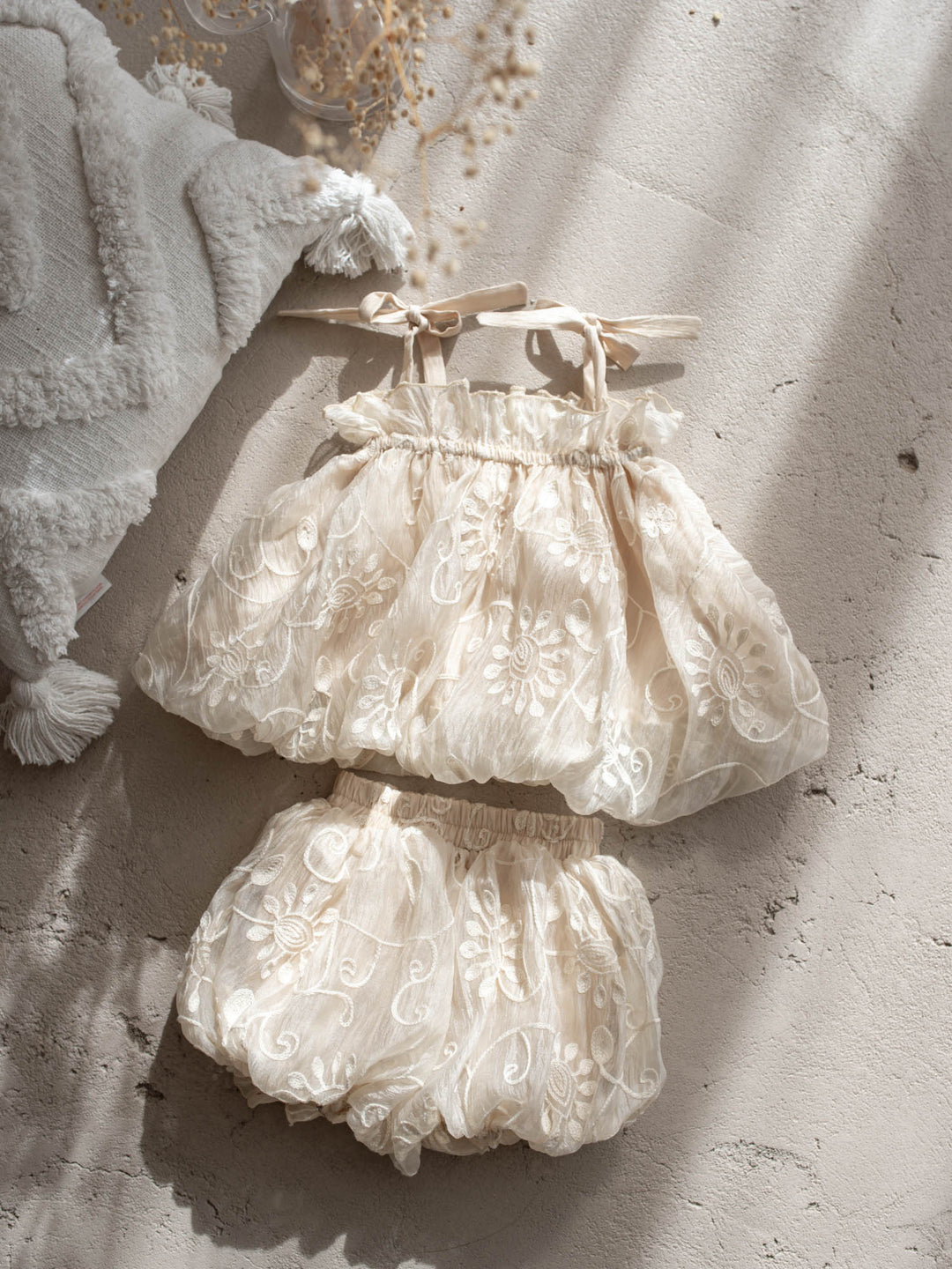 Love, Always ivory baby girl top and bloomer shorts set with tonal floral embroidery, view 6 - Before & Ever Kids