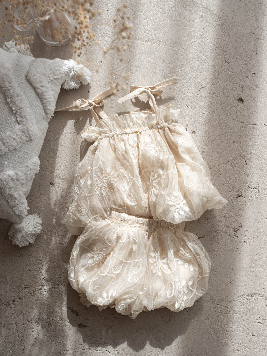 Love, Always ivory baby girl top and bloomer shorts set with tonal floral embroidery, view 7 - Before & Ever Kids