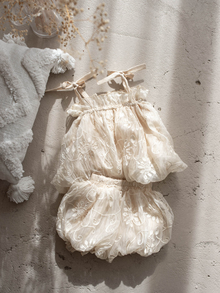 Love, Always ivory baby girl top and bloomer shorts set with tonal floral embroidery, view 7 - Before & Ever Kids