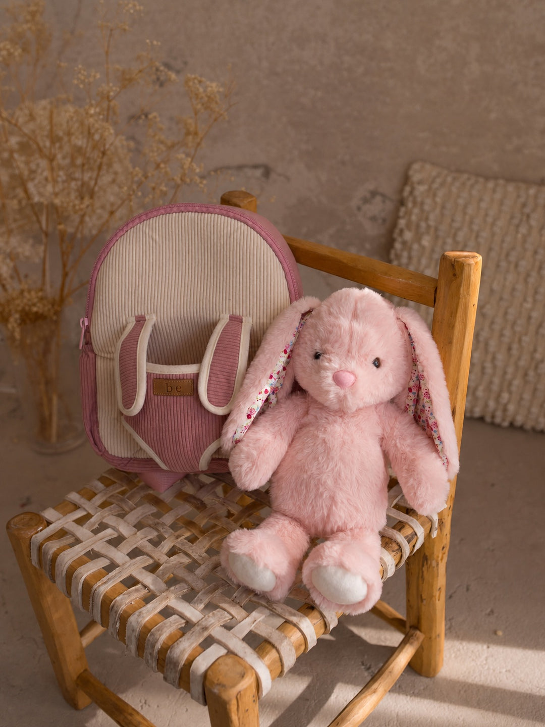 Macie the Bunny plush backpack for kids, backpack with the bunny sitting beside it - Before & Ever Kids