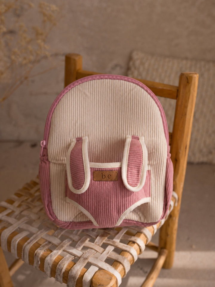Macie the Bunny plush backpack for kids, backpack front with the bunny lifted out - Before & Ever Kids