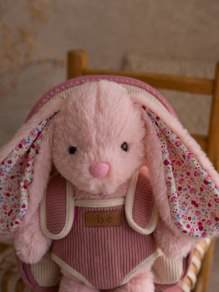 Macie the Bunny plush backpack for kids, close up of the bunny face and floral inner ears - Before & Ever Kids