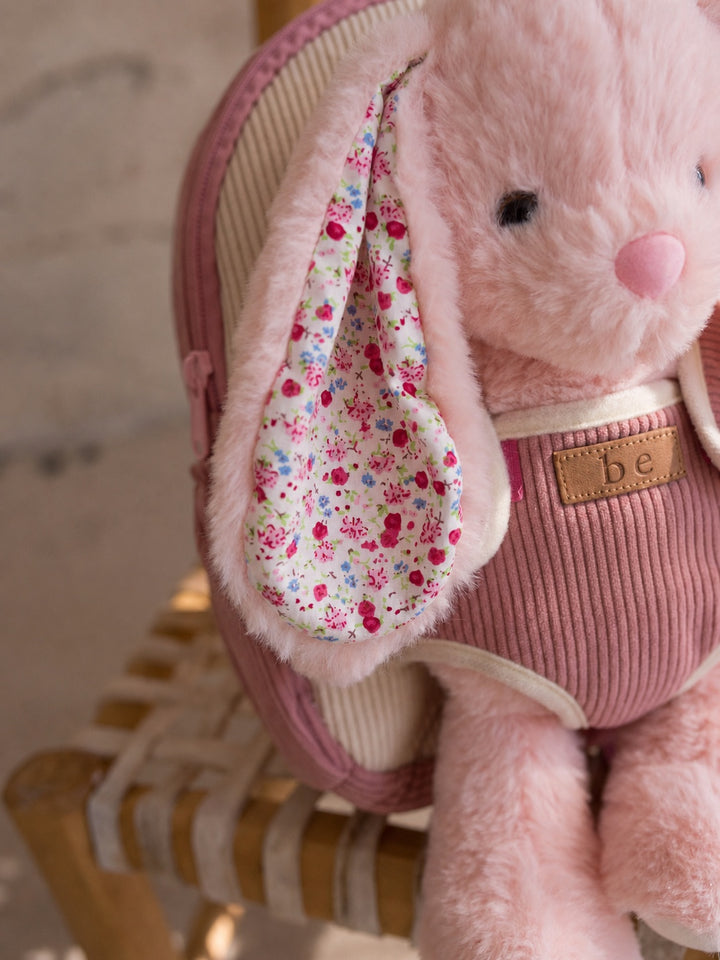 Macie the Bunny plush backpack for kids, close up of the floral inner ear and corduroy front - Before & Ever Kids