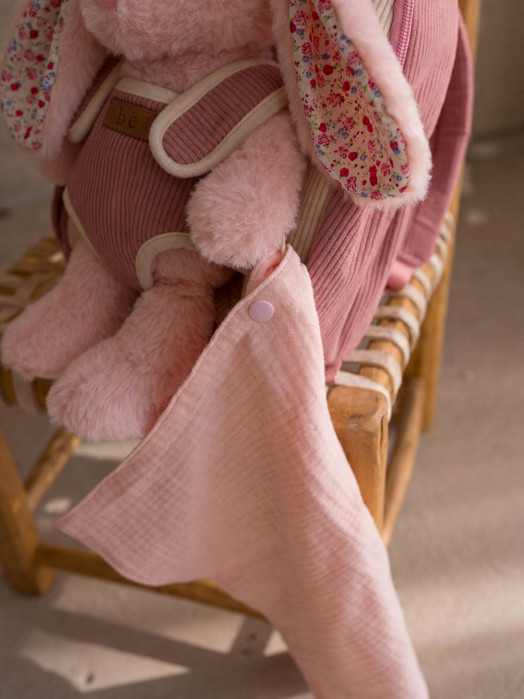 Macie the Bunny plush backpack for kids, detachable muslin comforter snapped to the paw - Before & Ever Kids