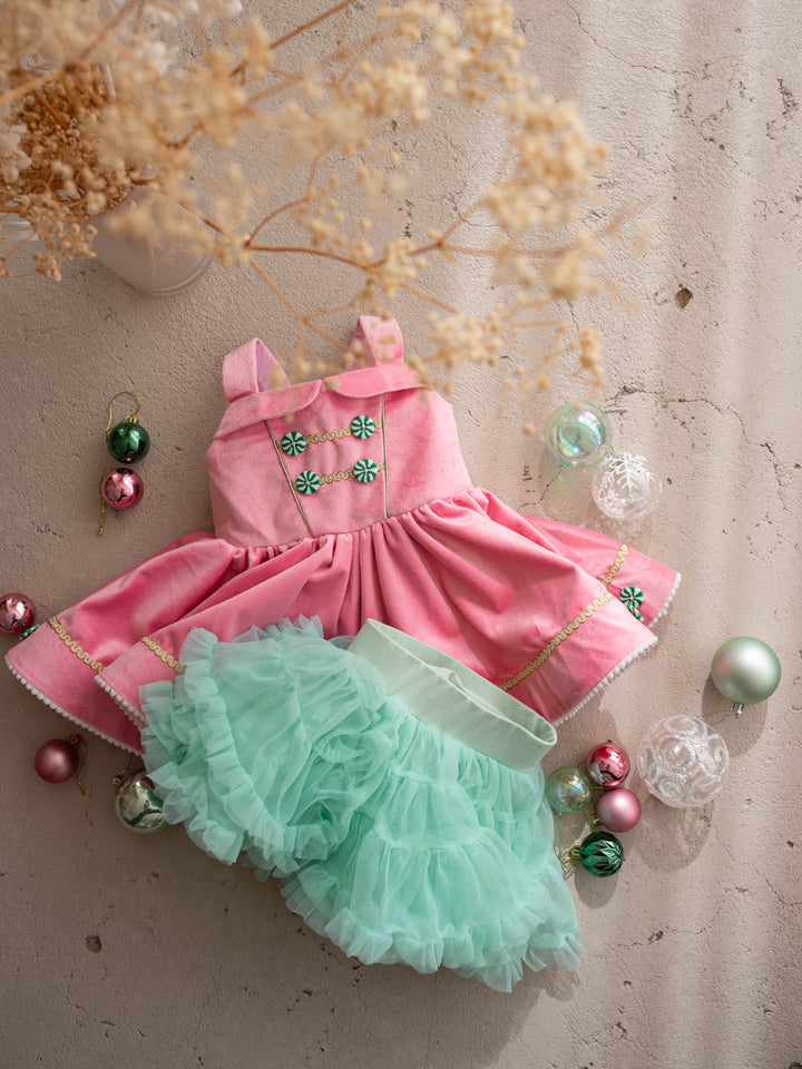Merry Berry pink and mint front view, pink velvet pinafore with peppermint buttons shown with its detachable mint tulle tutu skirt - Before & Ever Kids